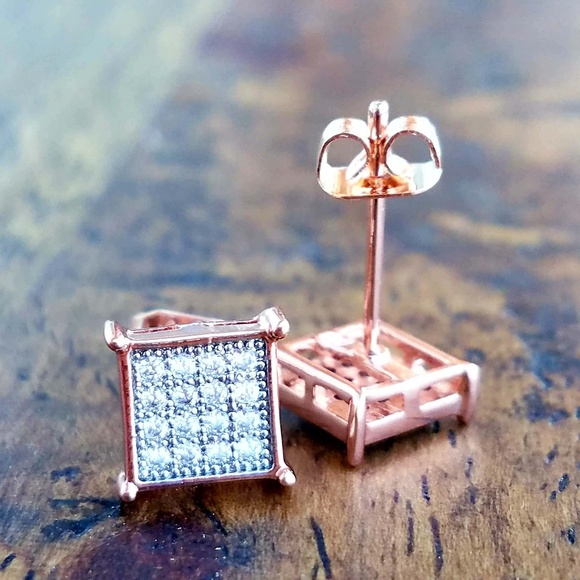 14k Rose Gold Plated Square 32 Stone Earrings - Picture 3 of 3